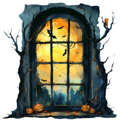 Spooky Halloween window view with flying bats, watercolor illustration, png