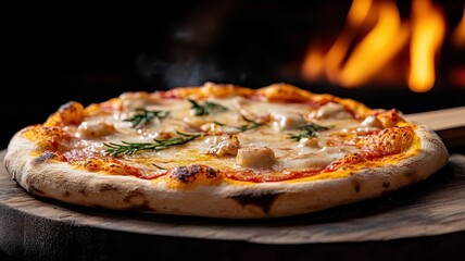 Pizza with a blazing flame, cheese bubbling on a rustic wooden board.