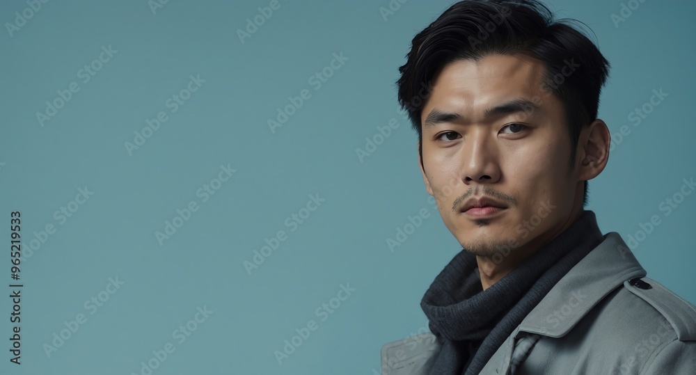 Wall mural Thoughtful Asian male model in gray trench coat on pale blue background