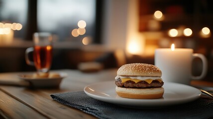 Hamburger with candlelight ambiance for a cozy, intimate dinner setting.