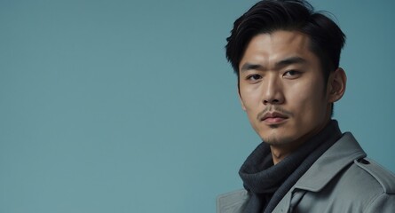 Obraz premium Thoughtful Asian male model in gray trench coat on pale blue background