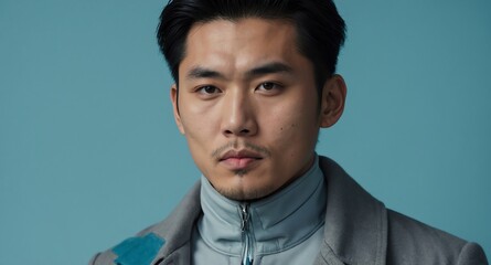 Obraz premium Thoughtful Asian male model in gray trench coat on pale blue background