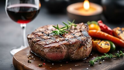 Perfectly grilled steak with seared crust, fresh herbs, roasted vegetables, and red wine.