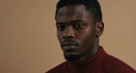 Obraz premium Thoughtful Black male model in maroon sweater on beige background