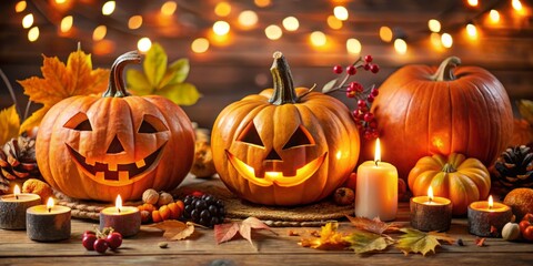 Fototapeta premium Vintage carved pumpkins, autumn leaves, and black decorations set the stage for a classic Halloween party with a