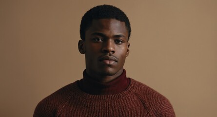 Obraz premium Thoughtful Black male model in maroon sweater on beige background