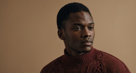 Obraz premium Thoughtful Black male model in maroon sweater on beige background