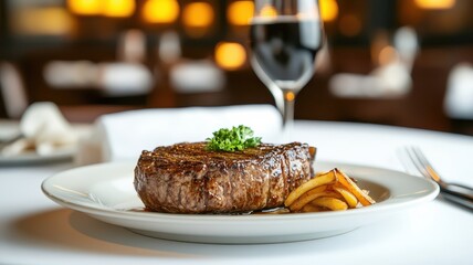 Upscale steakhouse ambiance with artistic steak presentation, dim lighting, and elegant decor.