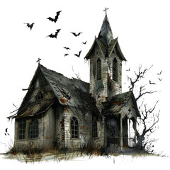 Dilapidated, spooky old church with bats flying above, watercolor illustration, png