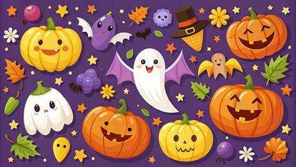 Naklejka premium Warm and inviting Halloween templates showcasing playful pumpkins, friendly ghosts, and winged bats, perfect for kids'