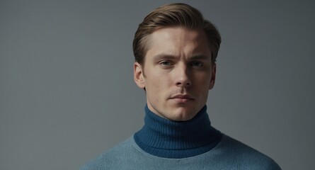 Obraz premium Thoughtful White male model in blue turtleneck on light gray background