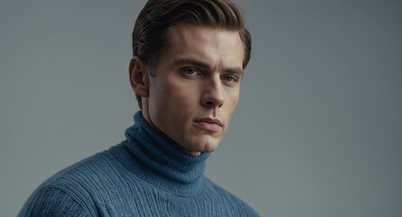 Obraz premium Thoughtful White male model in blue turtleneck on light gray background