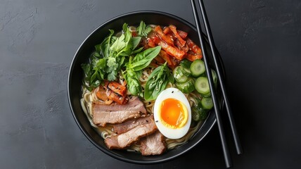 Elegant ramen presentation with soft-boiled egg, bamboo shoots, sliced pork, fresh herbs, modern bowl, chopsticks.
