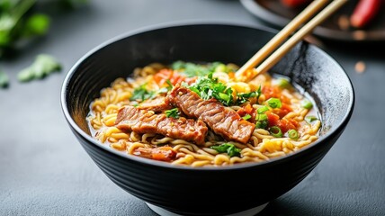 Detailed ramen view with flavorful broth, crispy pork, noodles, fresh vegetables, herbs, traditional Japanese bowl.