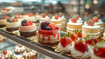 Small cakes on display at the patisserie counter
