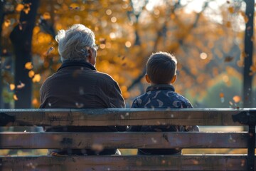 A child and grandfather sitting on a park bench, with a softly blurred background
