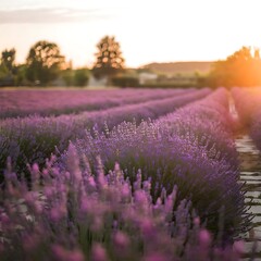 Fototapeta premium A sprawling lavender field under the warm glow of the setting sun. The soft purple hues of the flowers stretch into the distance, with a golden sky creating a serene and calming atmosphere.