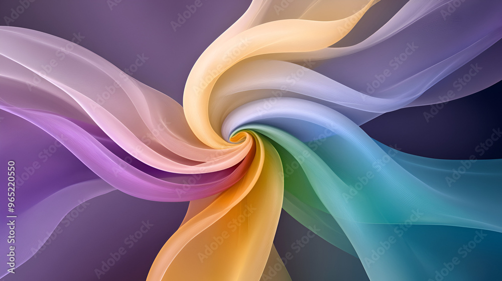Poster swirling colorful fabric creating a dynamic pattern in soft pastels on a purple background