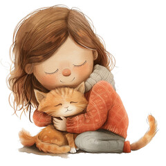 Close up of a little girl hugging a cat, watercolor illustration, png