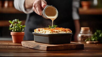 Rich béchamel sauce being poured over moussaka, enhancing its creamy texture.
