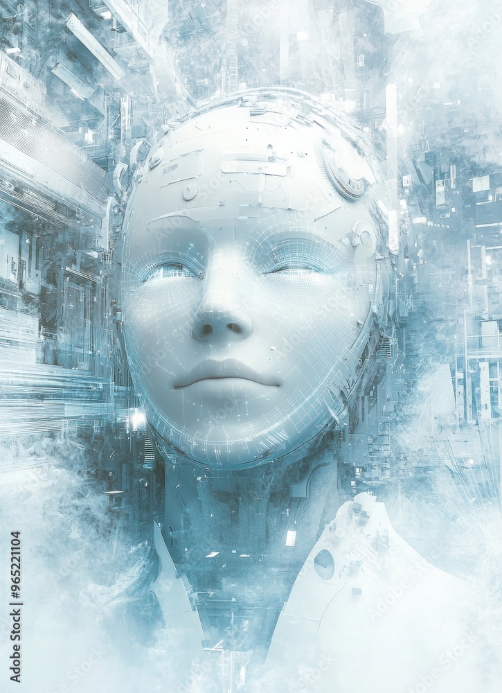 Poster abstract digital face made of data and artificial intelligence in a futuristic style emphasizing tec