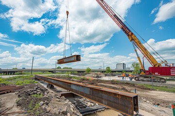 A construction crane lifting steel beams into place
