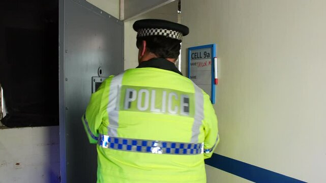 A police officer in a high-visibility jacket escorts a woman prisoner into a prison cell. The scene captures a law enforcement setting with visible signage on the cell door.