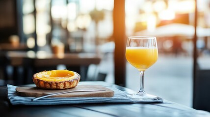 Pastel de nata paired with a refreshing glass of fruit juice, contrasting the rich pastry with a sweet, fruity drink.