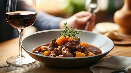 Carbonnade Flamande paired with refreshing fruit juice, offering a delightful contrast to the rich flavors.