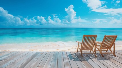 Obraz premium Serene Beachfront with Wooden Lounge Chairs Under Clear Blue Sky - Perfect for Travel and Vacation Destinations