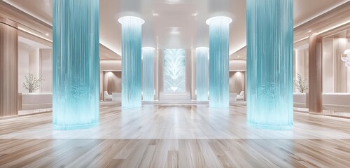 Blonde wood floors and ice blue columns define this softly lit Swedish minimalist foyer.