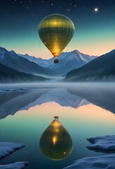 Oil painting, A vibrant green hot air balloon soaring over a snowy landscape at sunrise, with pink and orange hues in the sky, snow-capped peaks behind, and a still lake reflecting the colorful sky in