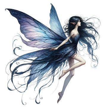 Beautiful dark fairy side view, watercolor illustration, png