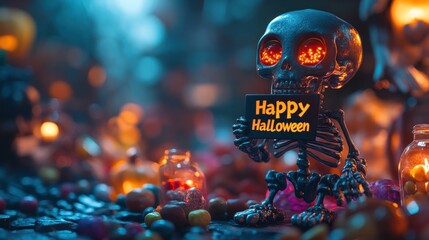 A cheerful skeleton holding a "Happy Halloween" sign, surrounded by candy