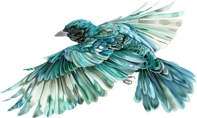 Illustration of a flying blue bird with detailed feathers, dynamic bird in flight
