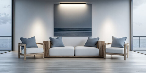 Room interior design with minimalist furniture, natural lighting and soft blue hue.