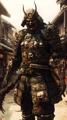 Fototapeta premium A samurai wearing menacing armor made from oni material, with a helmet, walking through an Edo period town during bright daylight