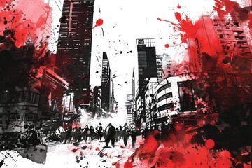 A Powerful illustration black and red color ink Demonstration in the City