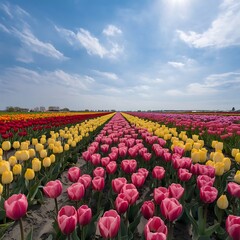 Rows of colorful tulips stretching far into the distance under bright sunlight. The tulips are in shades of red, yellow, and pink, with a clear blue sky and occasional clouds overhead.