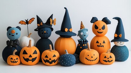 A collection of Halloween decorations with a minimalist design, including bats, witches' hats, and jack-o'-lanterns, white background