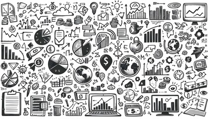 Hand-drawn financial and business icons, like graphs, pie charts, and currency symbols, scattered on a white background. Concept of business strategy and planning