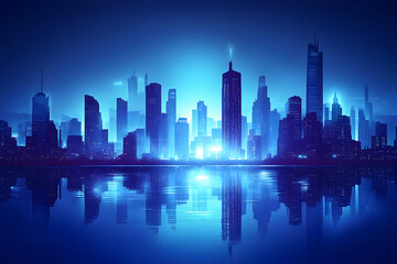 Obraz premium Futuristic city skyline at night with neon lights reflecting in the water.