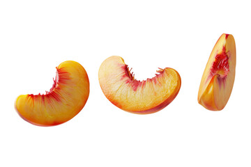 Flying Peach fruit with half slices floating in the air isolated on white or transparent background
