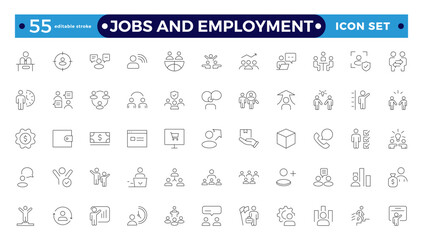 Jobs and Employment icon set. Recruitment icon set Included the Job Interview, Career Path, Resume, Job hiring, Candidate and Human Resource icons. Editable stroke outline icon.
