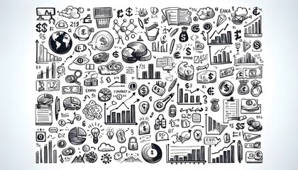 Hand-drawn financial and business icons, like graphs, pie charts, and currency symbols, scattered on a white background. Concept of business strategy and planning