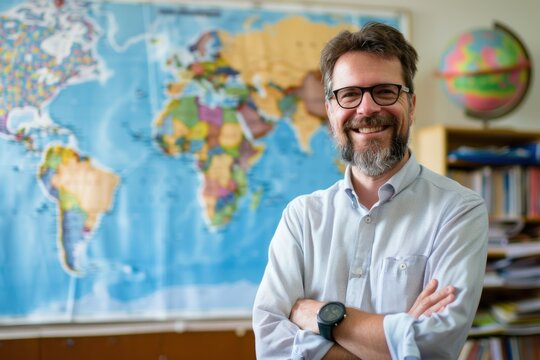 A teacher man is smiling in front of a world map in bright school class