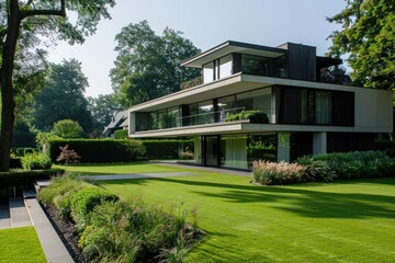 Fototapeta premium A very modern house with a garden in front. Sunny day. Green lawn and trees