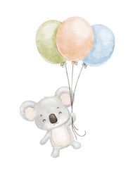 Cute koala is flying with balloons. Watercolor baby animal © Elena