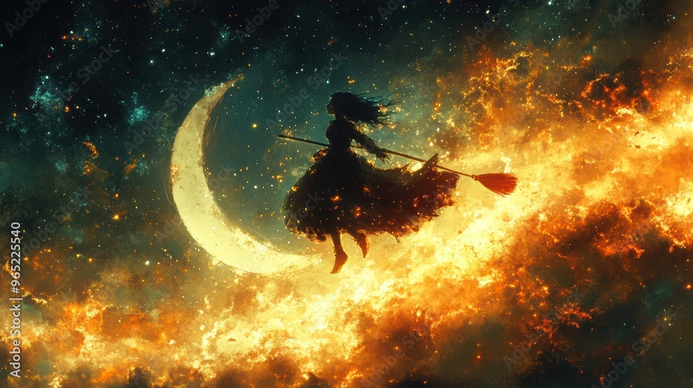 Wall mural a cute halloween witch flying on her broomstick under a crescent moon