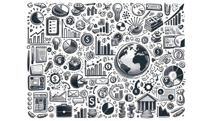 Hand-drawn financial and business icons, like graphs, pie charts, and currency symbols, scattered on a white background. Concept of business strategy and planning